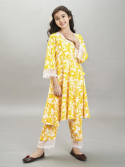 Girls yellow Angrakha Kurta with Trousers