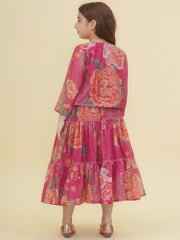 Silk Woven Half Sleeves Floral Print Fit And Flare Ethnic Dress With Jacket - Pink
