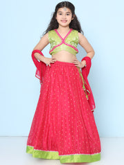 Girls Green & Pink Woven Design Choli, Ready to Wear Lehenga with Dupatta