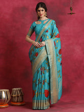 ساري نسائي أزرق مطبوع مطبوع من مزيج القطن مع قطعة بلوزة