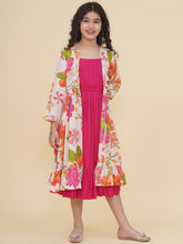 Cotton Woven Three Fourth Sleeves Floral Print Fit And Flare Ethnic Dress With Jacket - Pink