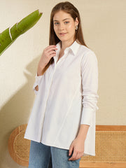 Women's White Cotton Lose Fit HiLo Shirt