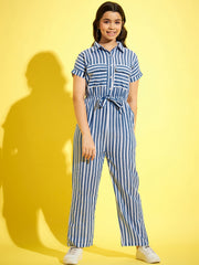 Girls Blue & White Cotton Striped Jumpsuit
