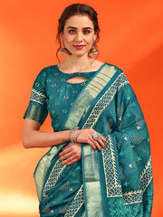 ساري نسائي أزرق مطبوع من القطن والحرير مع قطعة بلوزة