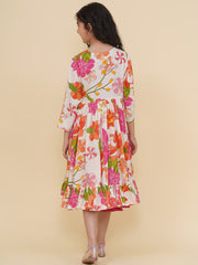 Cotton Woven Three Fourth Sleeves Floral Print Fit And Flare Ethnic Dress With Jacket - Pink