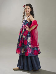Girls Grey Floral Printed Empire Gotta Patti Kurta with Sharara & With Dupatta