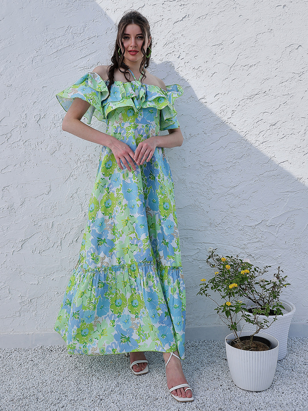 Green Floral Printed Halter Neck Tiered Gathered Crepe Maxi Midi Dress