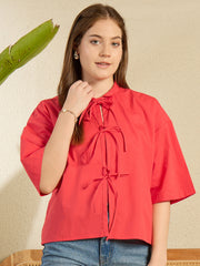 Women's Front Tie Up Red Cotton Top
