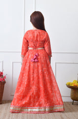 Girls Orange Printed Lehenga Choli Set with Dupatta