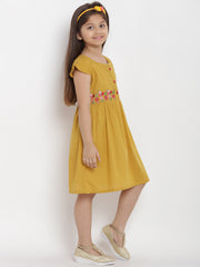 Cotton Blend Woven Half Sleeves Embroidered Flared Frock - Mustard