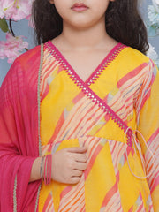 Girls Yellow Leheriya Printed Angrakha Kurta with Sharara with dupatta