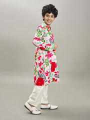 Boys Peach floral printed kurta with a off white pajama