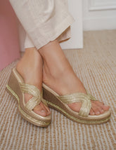 Gold Casual Wedge Open Back 3 inches Wedge Heels