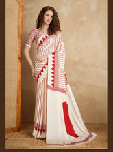 Women's Striped Satin Block Printed Cream Saree