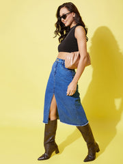 Women's Denim Midi Skirt with Center Slit