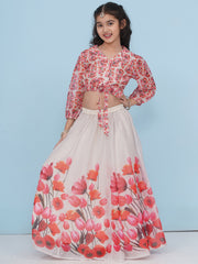 Girls Indo-Western Grey & Pink Tulip Flower Digital Printed Lehenga Choli.