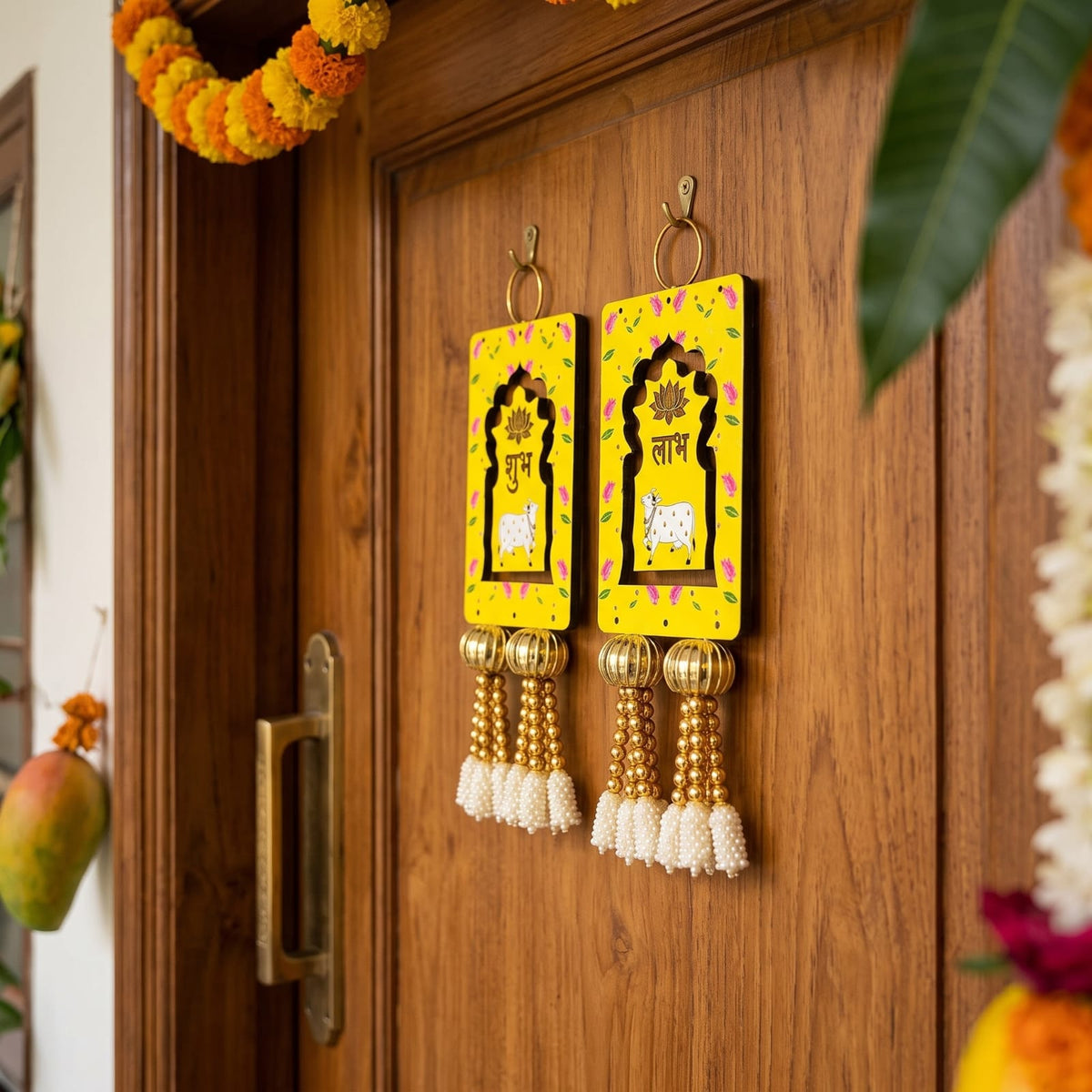 Shubh Labh Door Hanging, MDF Wood, Pink, 6.5Inch Pink