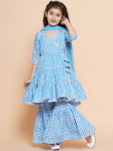 Placement Print Three-Fourth Sleeves Above Knee Length Cotton Kurta & Sharara With Dupatta - Blue