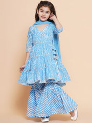 Placement Print Three-Fourth Sleeves Above Knee Length Cotton Kurta & Sharara With Dupatta - Blue