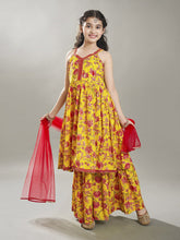 Girls Yellow Cotton Kurta with Sharara set with Dupatta