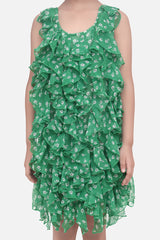 SyleStone Girls Green Chiffon Printed Ruffle Dress