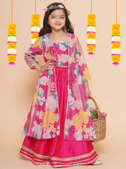 Girls Pink Floral Print Top & Shrug With Ready to wear Skirts