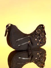 حقيبة كتف نسائية من قماش الدنيم - أسود فحمي