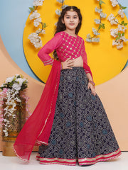 Girls Pink with Embroidered Choli, Navy Blue Bandhani Print Lace work Lehenga with Dupatta