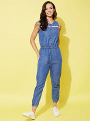 Women's Denim Jumpsuit with Neon Lace Insert
