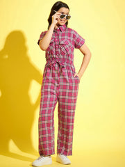 Girls Cotton Pink Checkered Jumpsuit