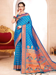 Kanjivaram Silk Saree with Zari and Colorful Peacock Woven Pallu Design