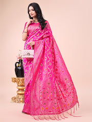 Elegant Banarasi Cotton Saree with Zari Leaf Motifs and Rich Pallu - Traditional Indian Saree for Festive & Wedding Wear