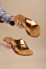 Shoetopia - Embellished Cross Strap Copper Flats For Women