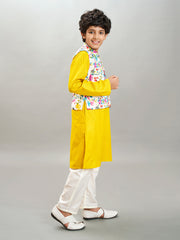 Boys yellow kurta & off white pajama with a multi print jacket