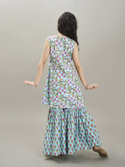 Girls Blue Floral Printed Kurta With Sharara