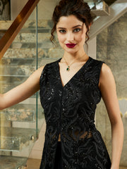 Women Emboridered Sequined Waistscoat & Skirt Co-Ord Set
