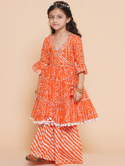 Placement Print Three-Fourth Sleeves Knee length Cotton Kurta With Sharara - Orange