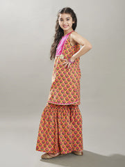 Girls Peach Floral Printed Kurta With Sharara