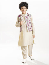 Boys off white kurta pajama with modal booti embroidery jacket