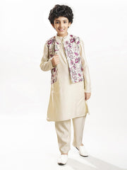 Boys off white kurta pajama with modal booti embroidery jacket