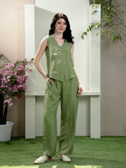 Embroidered V-Neck Waistcoat With Trousers Co-Ords