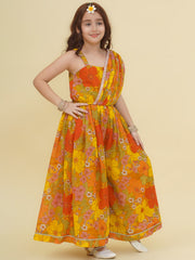 Silk Woven Sleeveless Floral Print Fit And Flare Ethnic Dress - Yellow