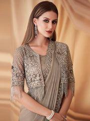 Women's Georgette Grey Embellished DesignerSaree With Blouse Piece