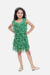 SyleStone Girls Green Chiffon Printed Ruffle Dress
