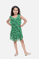 SyleStone Girls Green Chiffon Printed Ruffle Dress