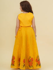 Girls Yellow Embroidered Choli & Yellow Digital Flower Print Ready to Wear Lehenga
