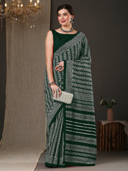 ساري نسائي من حرير بهجالبوري أخضر مطبوع بتصميم أنيق مع قطعة بلوزة