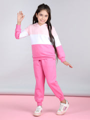 Girls Pink & White Color Blocked Tracksuit