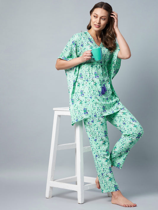 Women's Green & Blue Floral Printed Kaftan Style Set