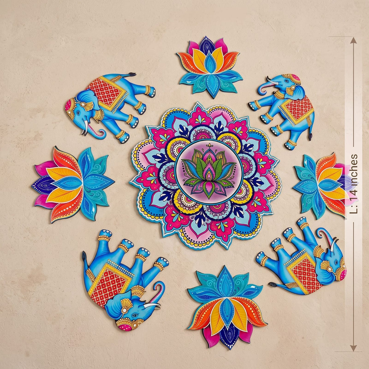 MDF Rangoli Set | Elephant lotus | 9 Pcs